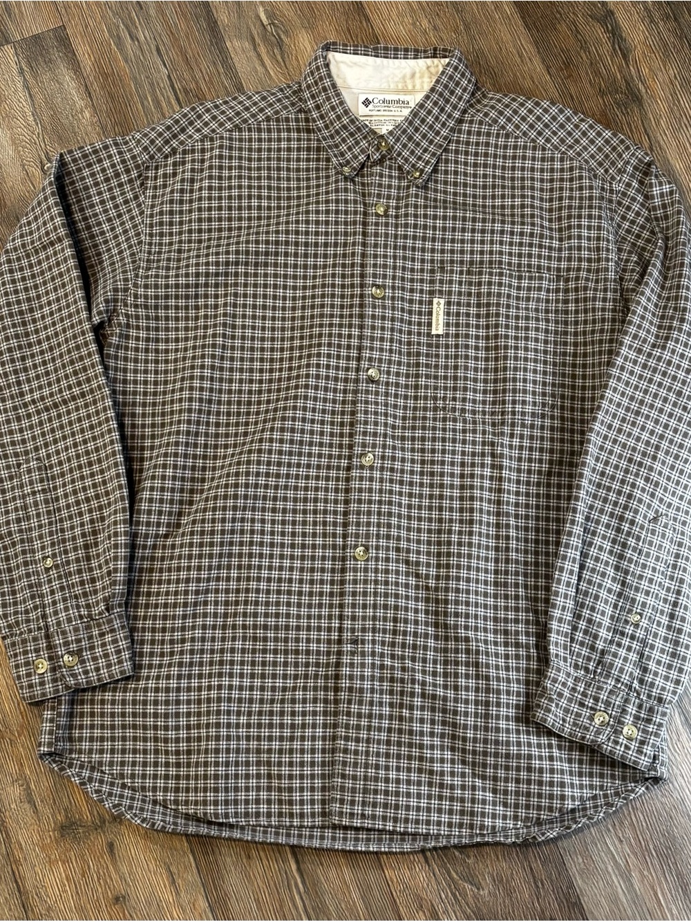 Columbia Men's Dark Brown and White Plaid Button-Down Shirt
